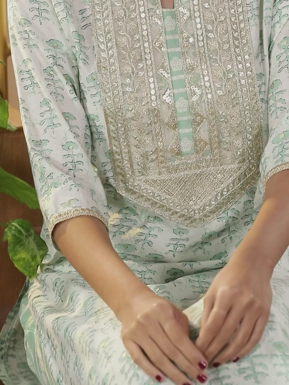  Green Printed Silk Straight Kurta With Trousers 