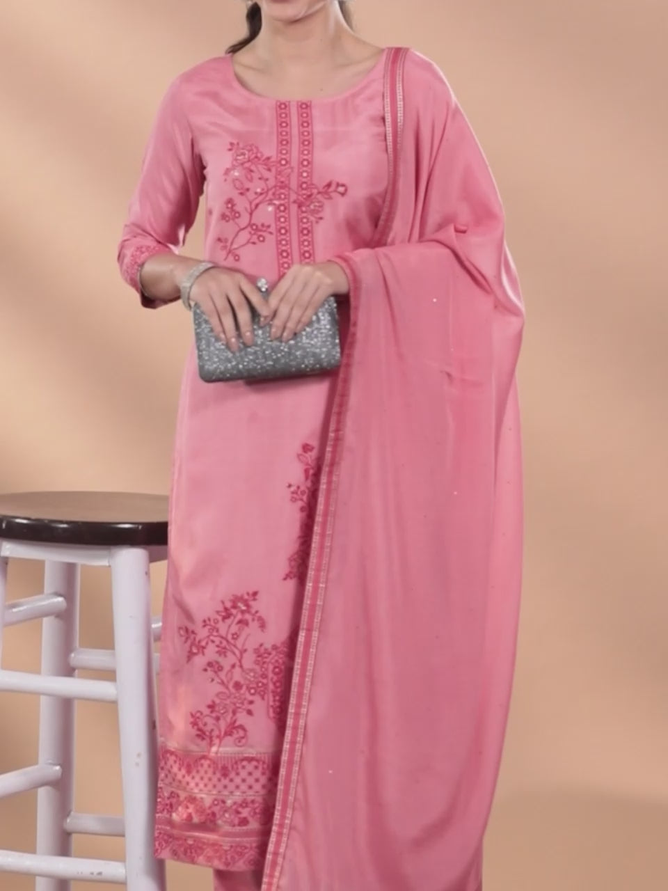 Pink Woven Design Silk Blend Straight Kurta With Trousers & Dupatta 