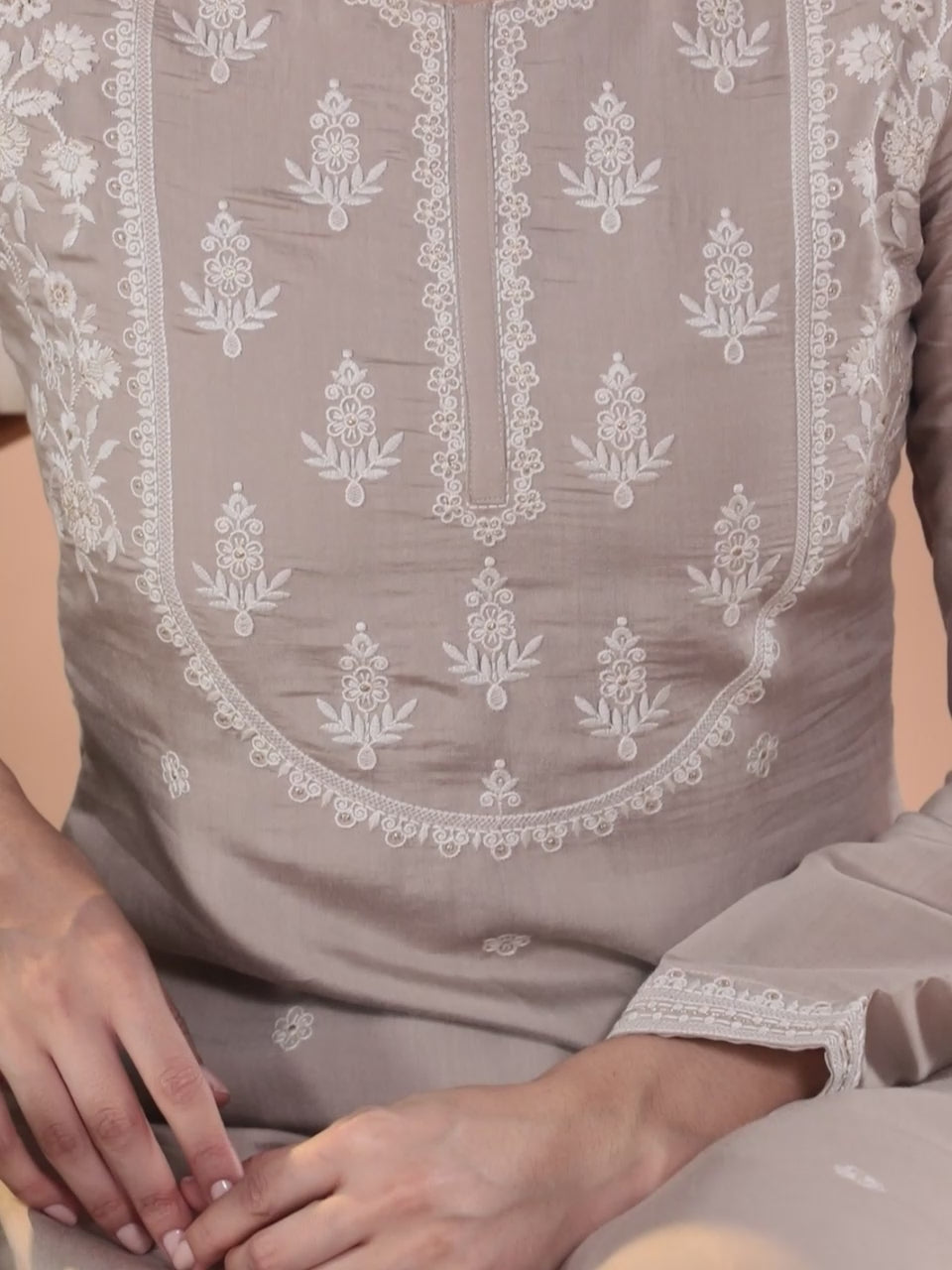  Grey Yoke Design Silk Blend Straight Kurta With Trousers & Dupatta 