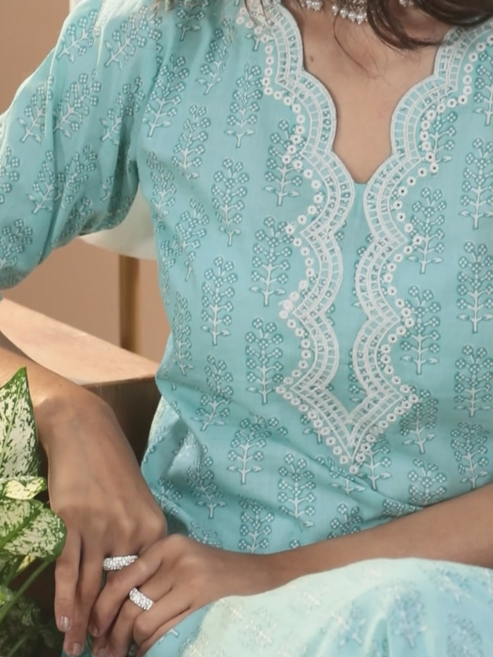  Blue Embroidered Cotton Straight Kurta With Trousers & Dupatta 