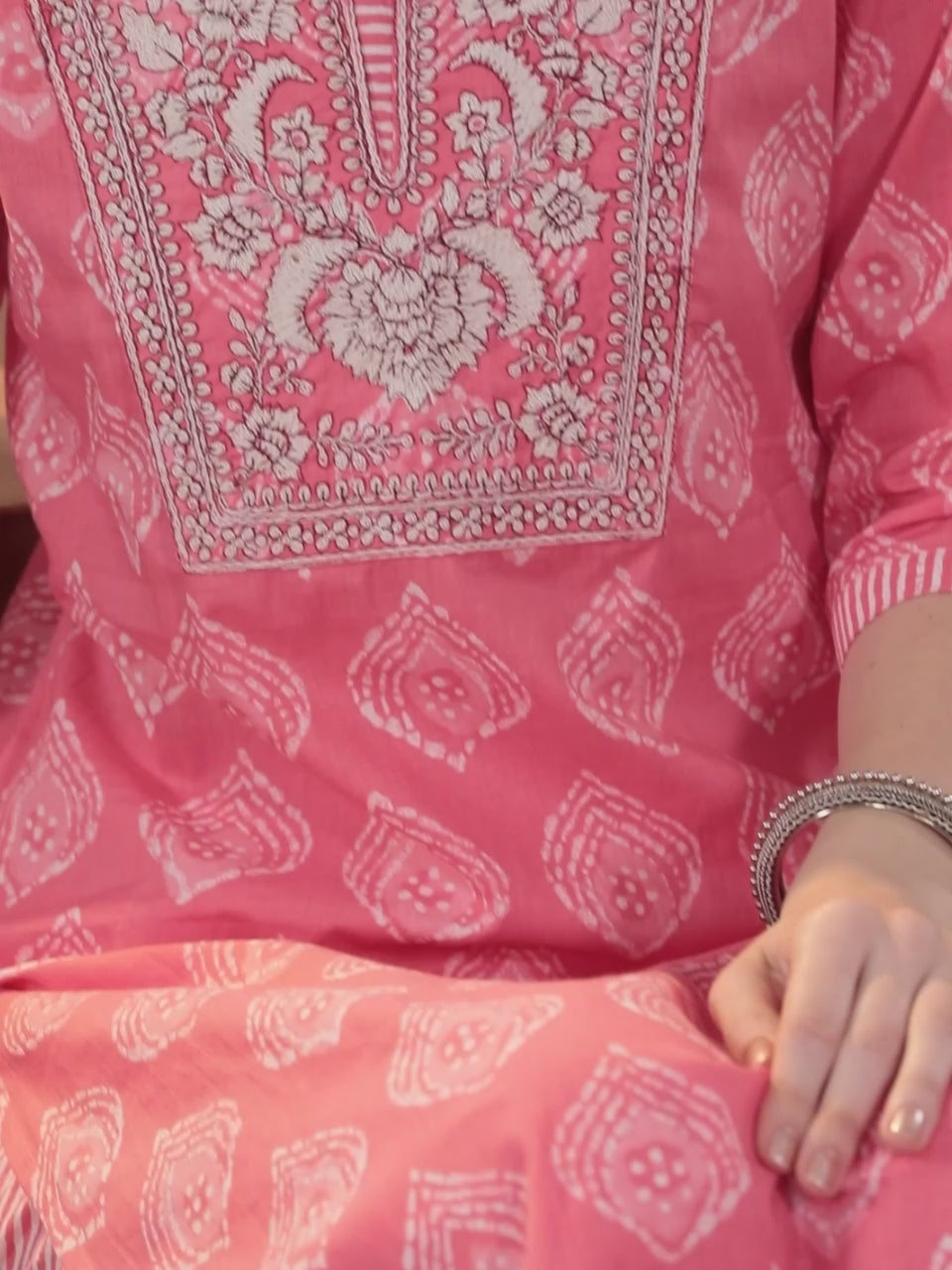  Coral Yoke Design Cotton Straight Kurta With Trousers & Dupatta 