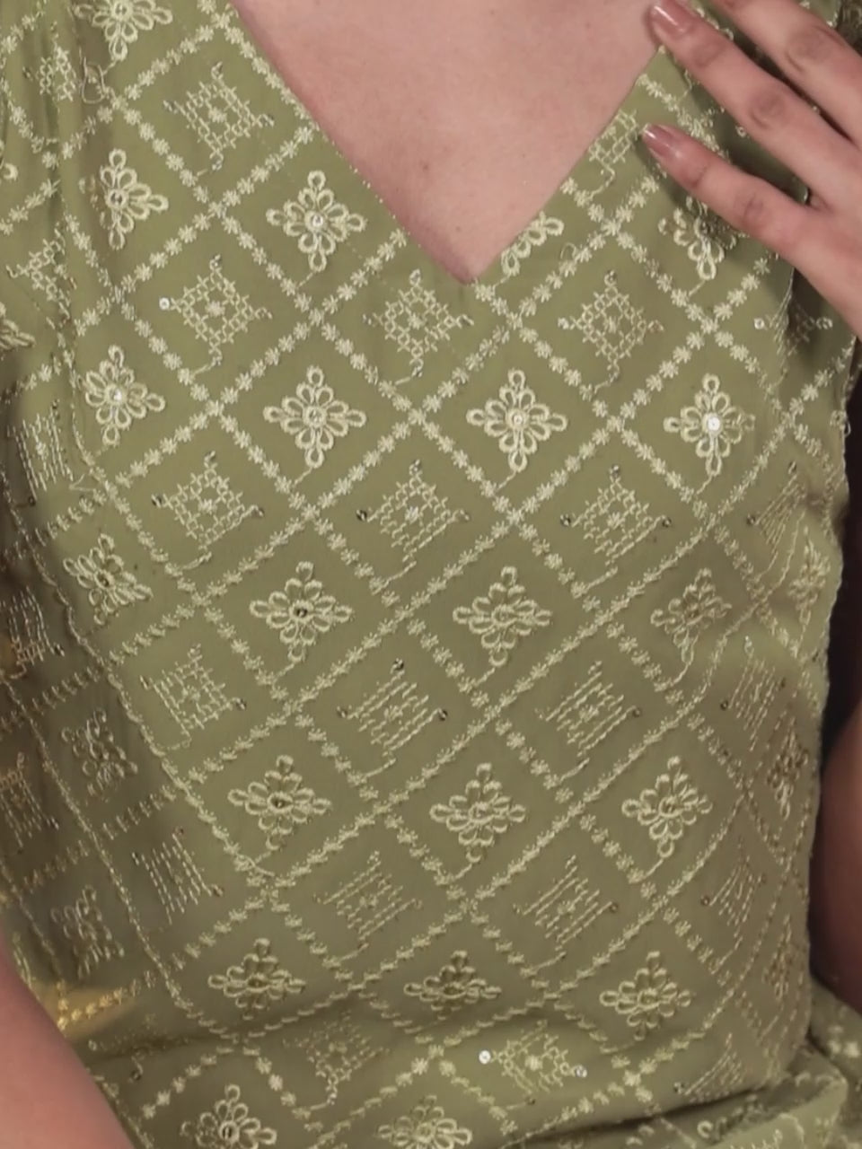  Olive Embroidered Georgette Straight Kurta With Trousers & Dupatta 