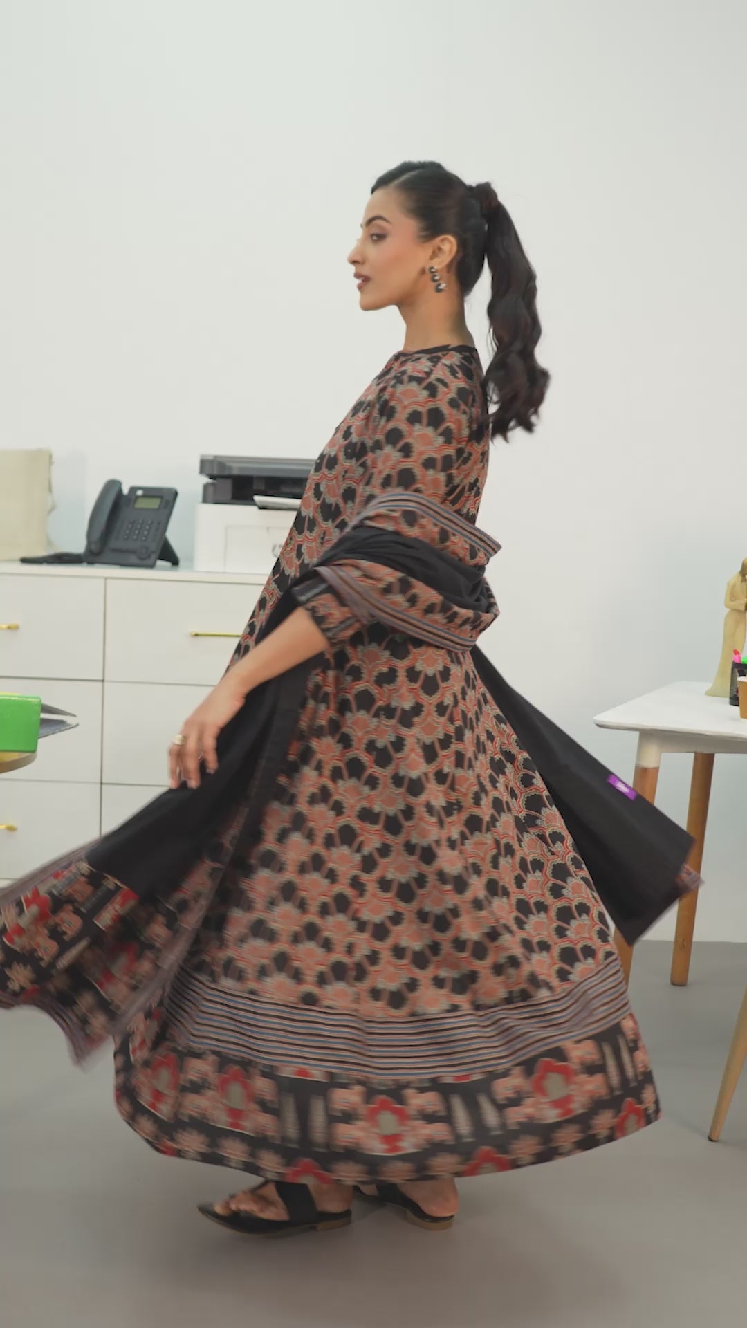  Black Ethnic Motifs Printed Cotton Blend A-Line Suit Set With Dupatta 
