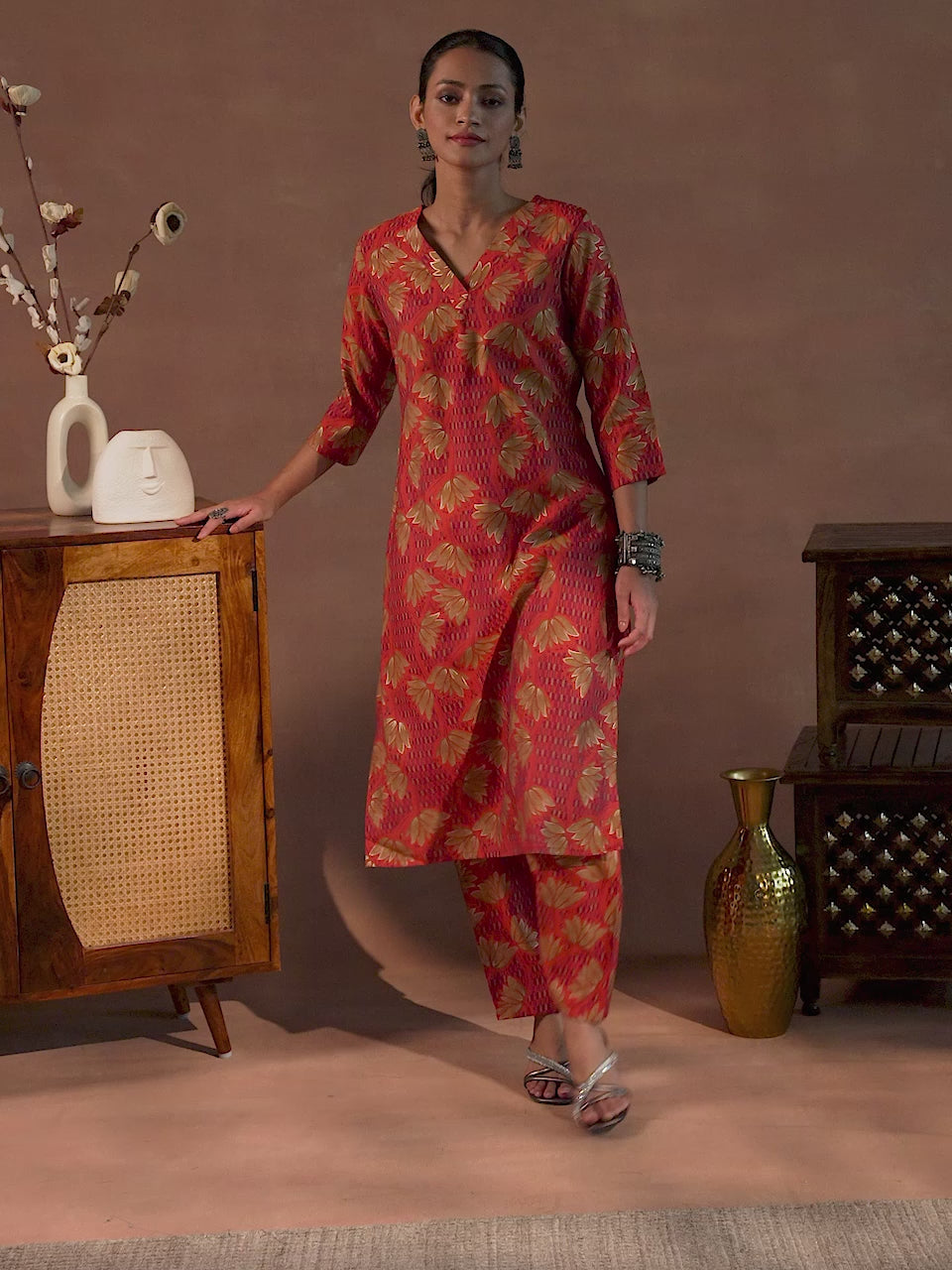  Orange Printed Silk Blend Co-Ords 