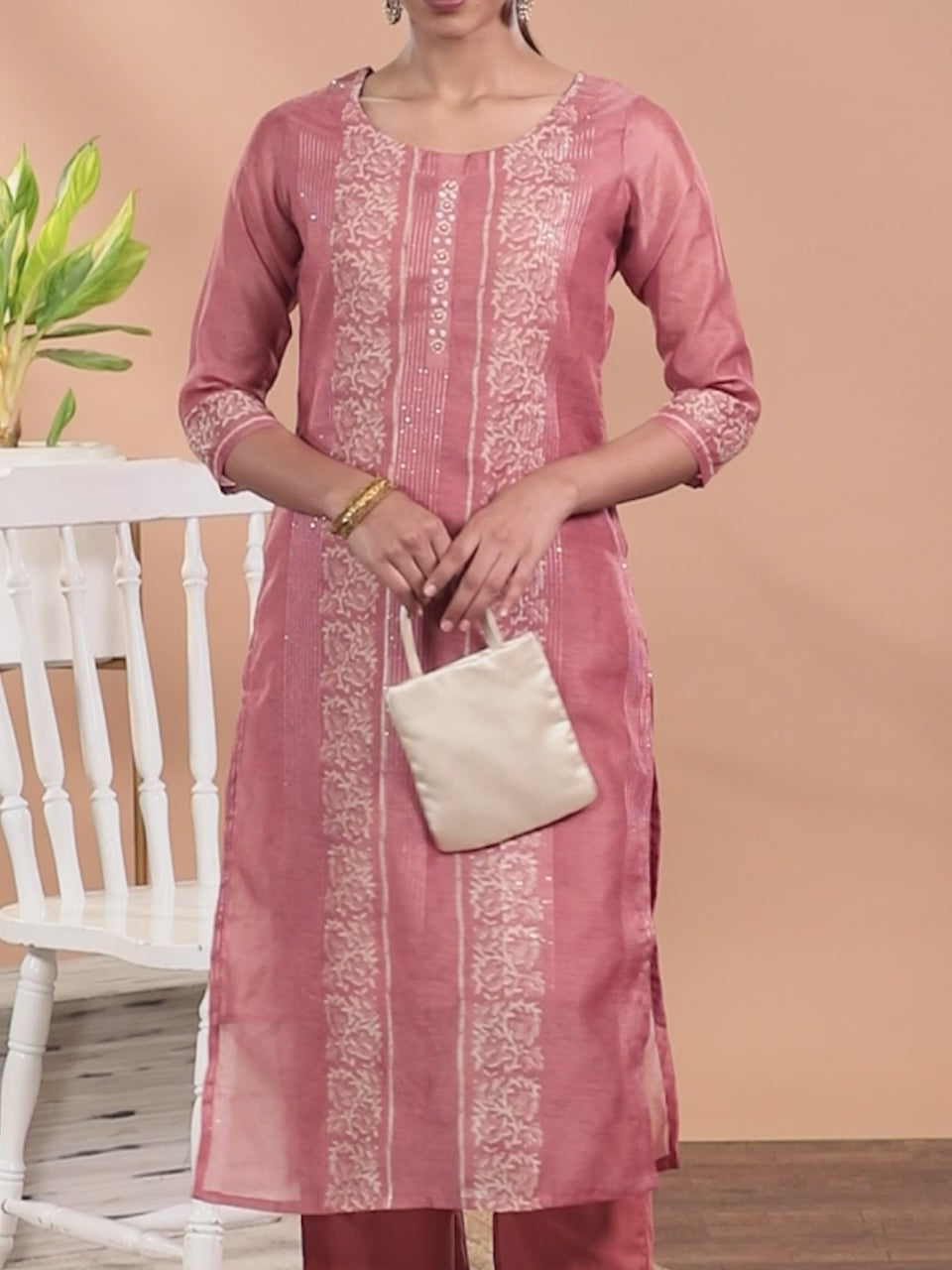  Peach Printed Silk Blend Straight Kurta With Trousers 