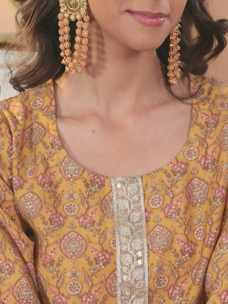  Mustard Printed Silk Blend Straight Kurta With Trousers & Dupatta 