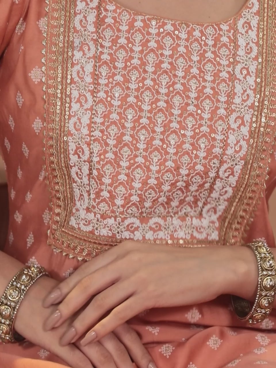  Peach Printed Silk Blend Straight Kurta With Trousers & Dupatta 