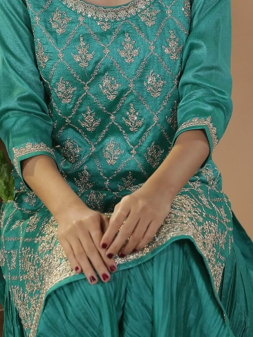  Turquoise Blue Embroidered Silk Blend Straight Sharara Suit Set With Dupatta 