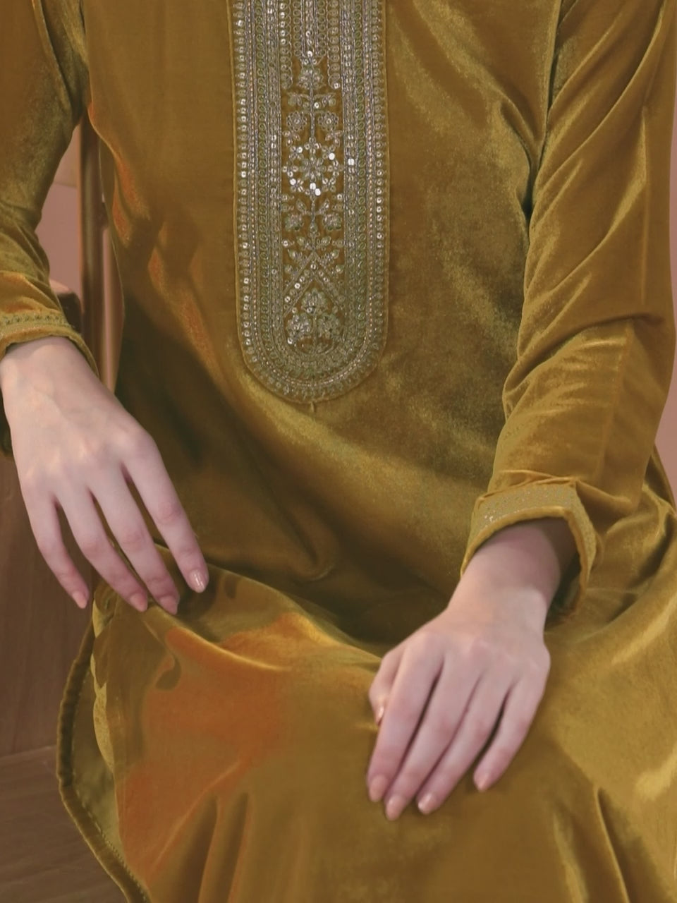  Mustard Yoke Design Velvet Straight Suit With Dupatta 