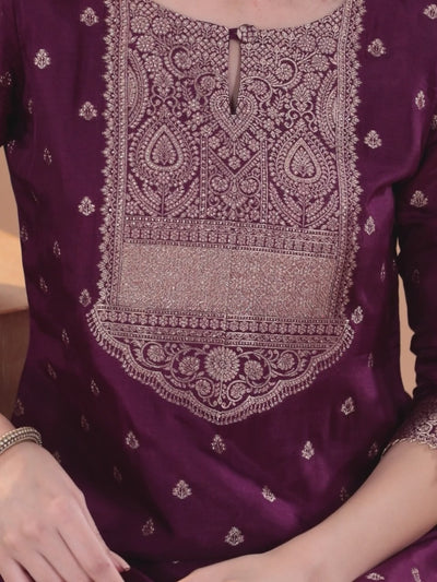 Purple Woven Design Silk Straight Suit With Dupatta