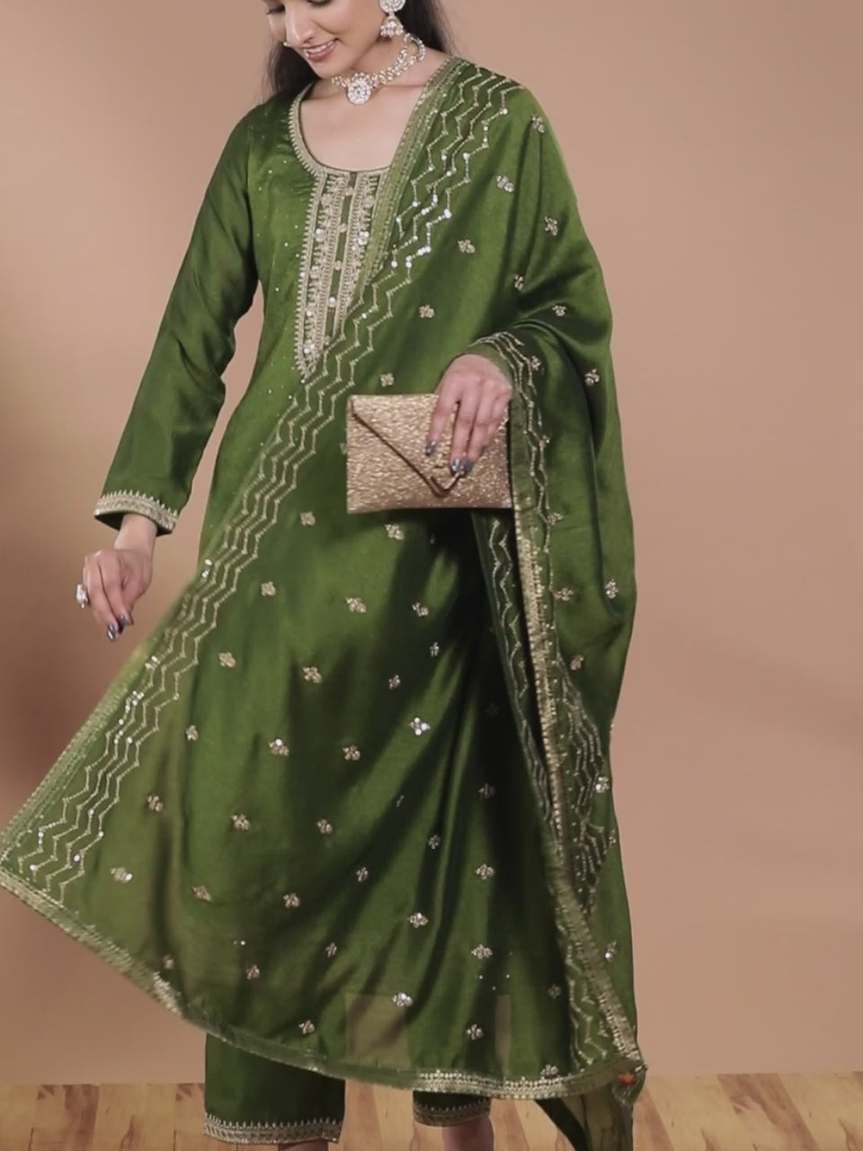  Olive Embroidered Silk Blend Straight Kurta With Trousers & Dupatta 