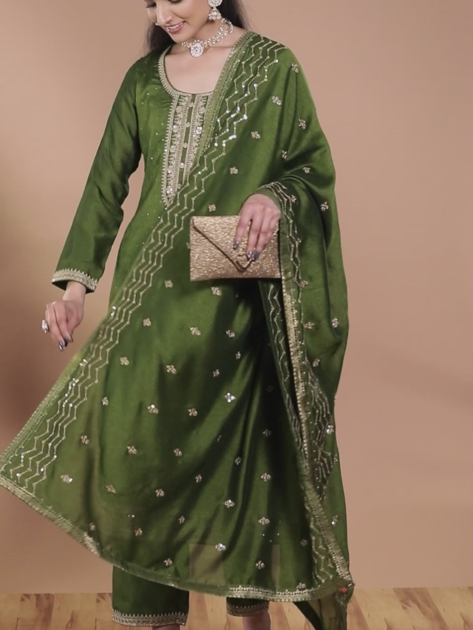 Olive Embroidered Silk Blend Straight Kurta With Trousers & Dupatta