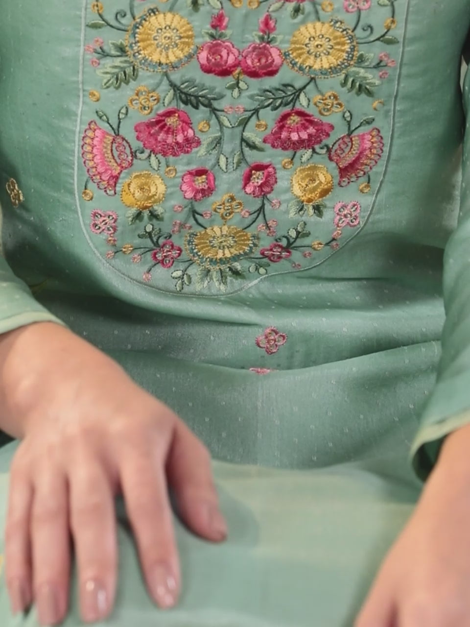  Green Yoke Design Silk Blend Straight Kurta With Trousers & Dupatta 