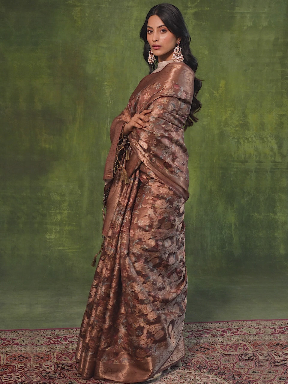  Brown Woven Design Brocade Saree With Unstitched Blouse Piece 