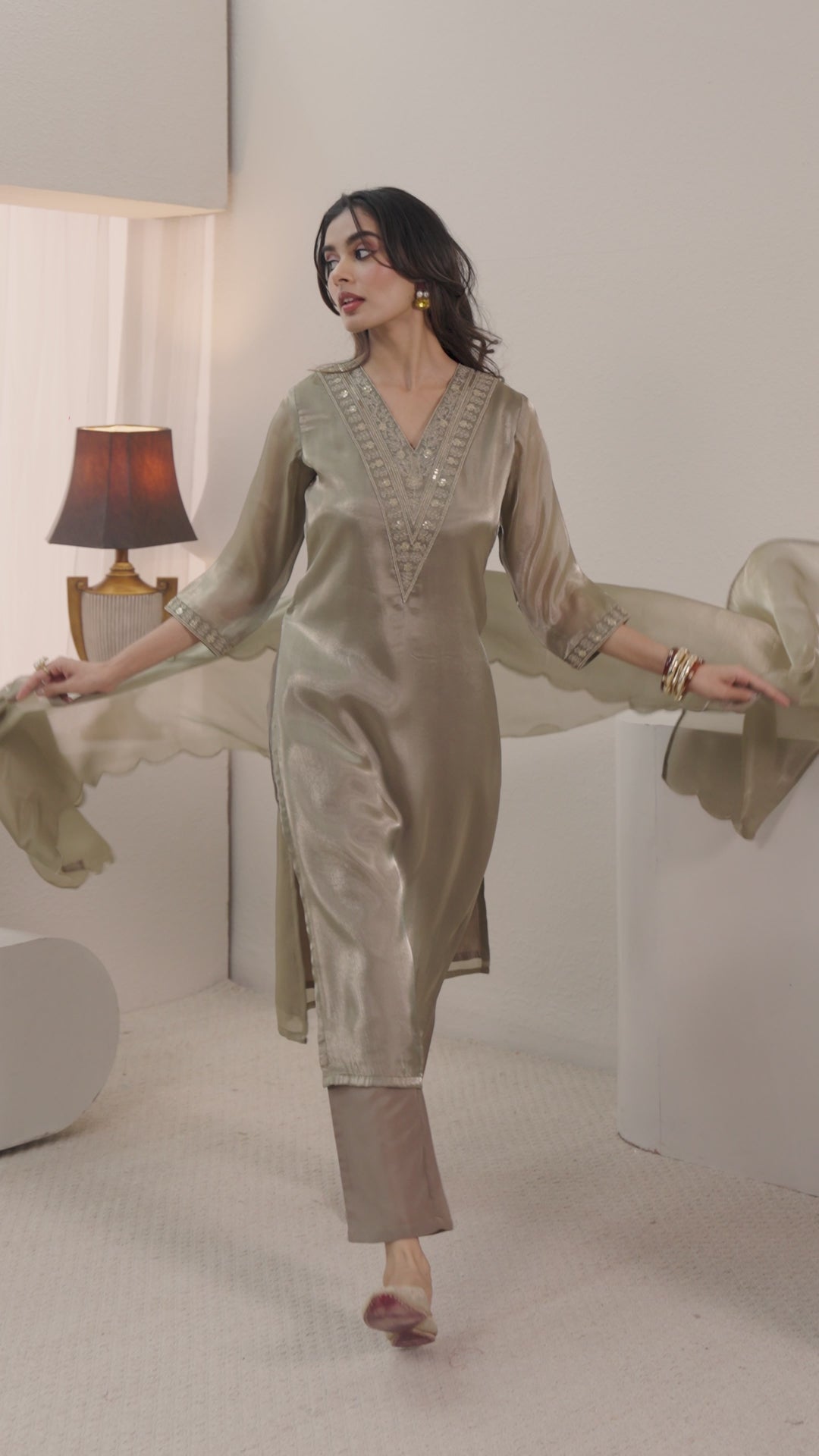  Gerua Taupe Floral Yoke Design Straight Suit Set 