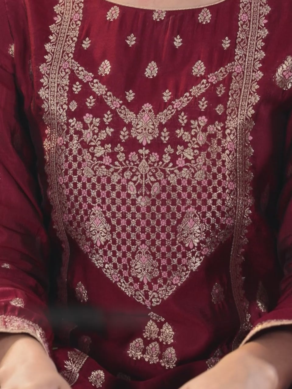  Maroon Woven Design Silk Blend Straight Kurta With Trousers & Dupatta 