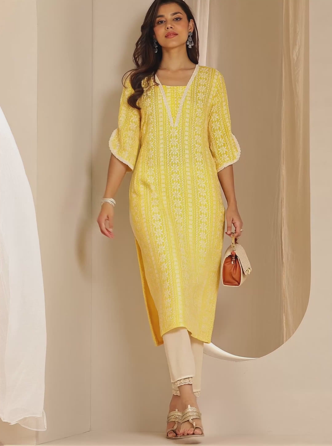 Yellow Printed Rayon Straight Kurta 
