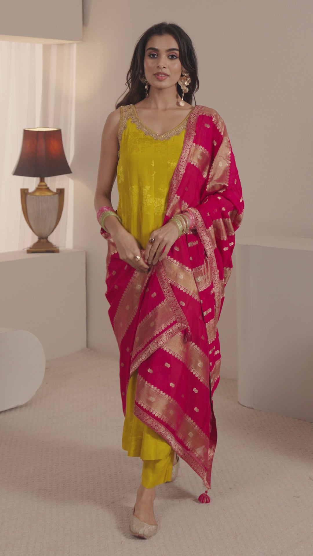  Libas Art Mustard Woven Design Silk Blend A-Line Suit Set With Contrast Dupatta 