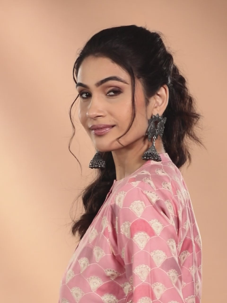  Pink Printed Silk Blend Top Tunic With Trousers 