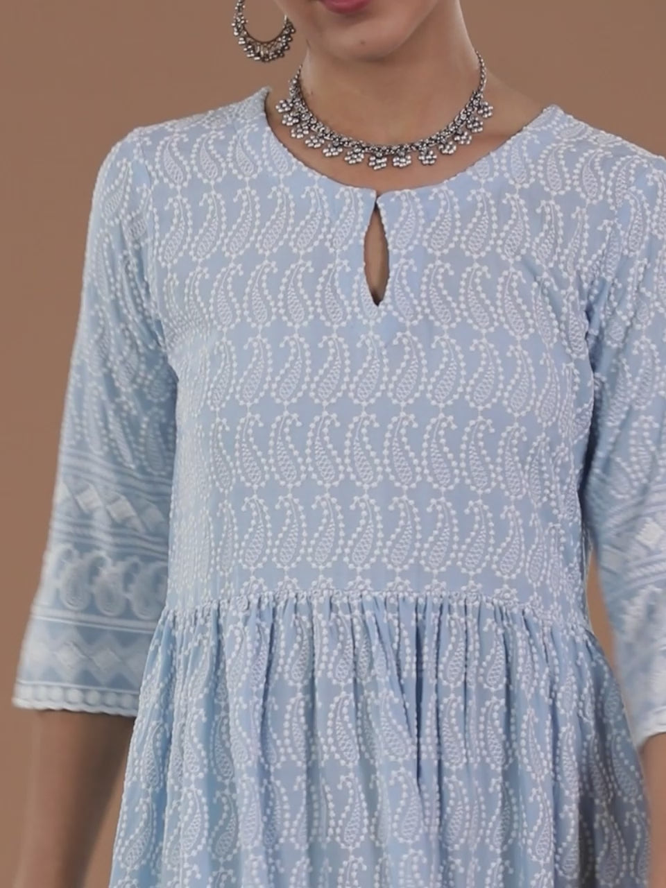 Blue Embroidered Rayon Fit and Flare Dress