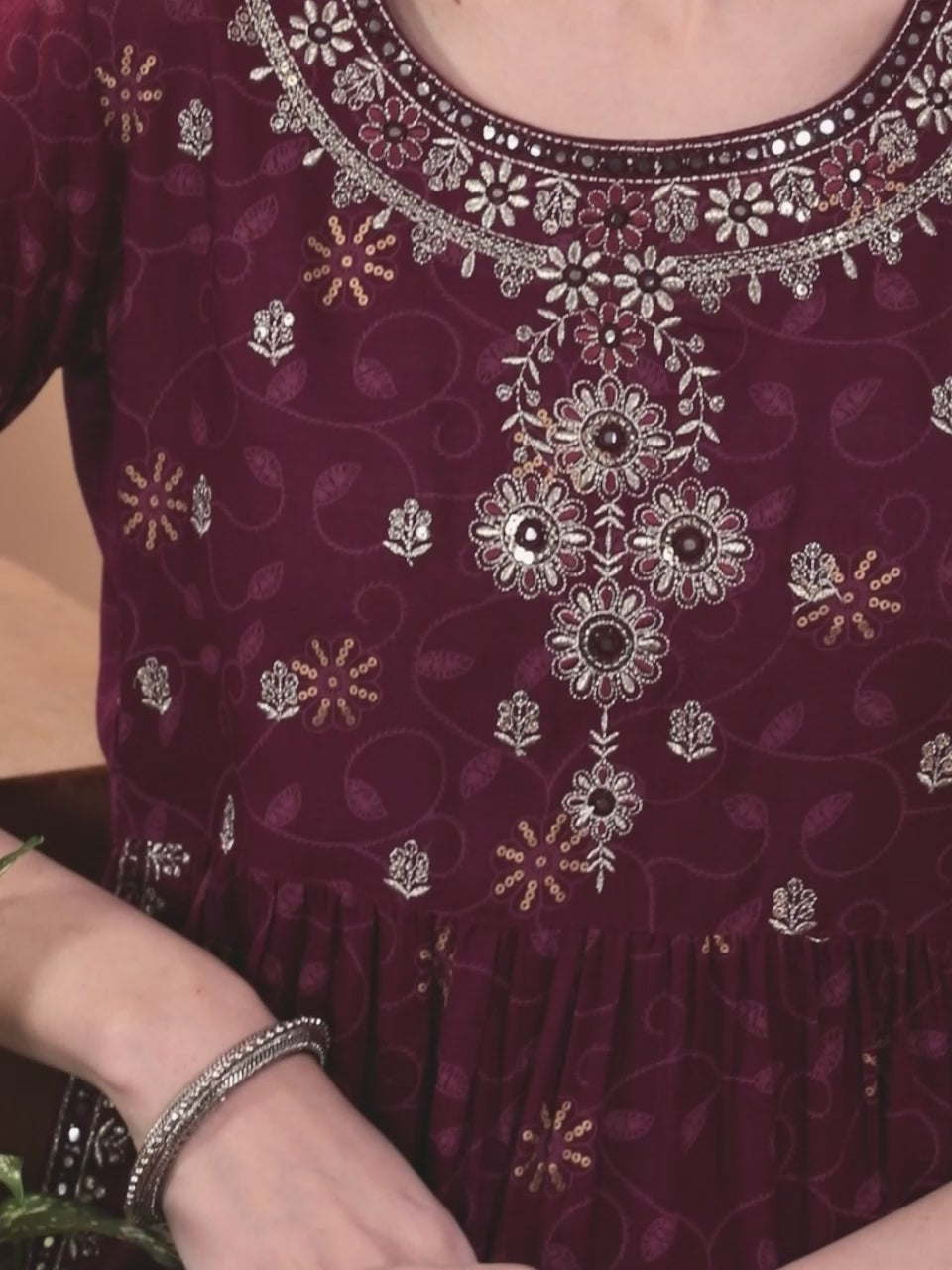  Burgundy Embroidered Rayon A-Line Kurta With Trousers & Dupatta 