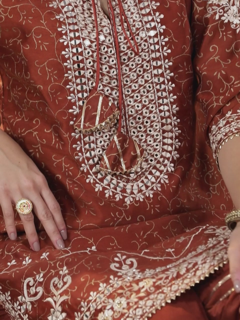  Rust Yoke Design Silk Blend Straight Kurta With Sharara & Dupatta 