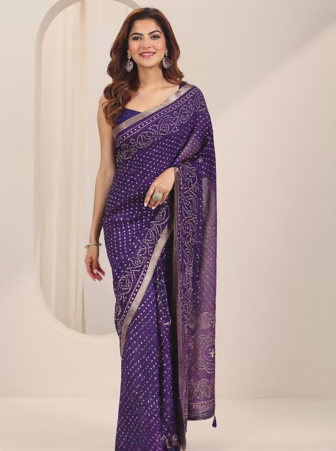  Purple Bandhani Printed Georgette Saree With Unstitched Blouse Piece 