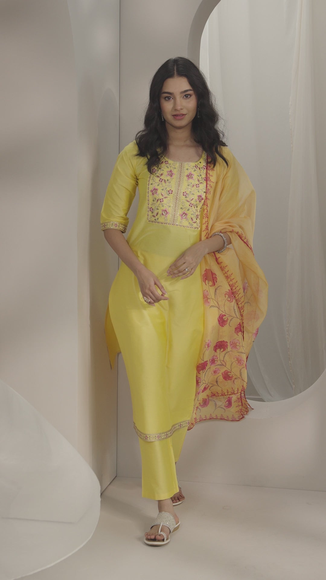  Yellow Yoke Design Silk Blend Straight Suit Set With Dupatta 