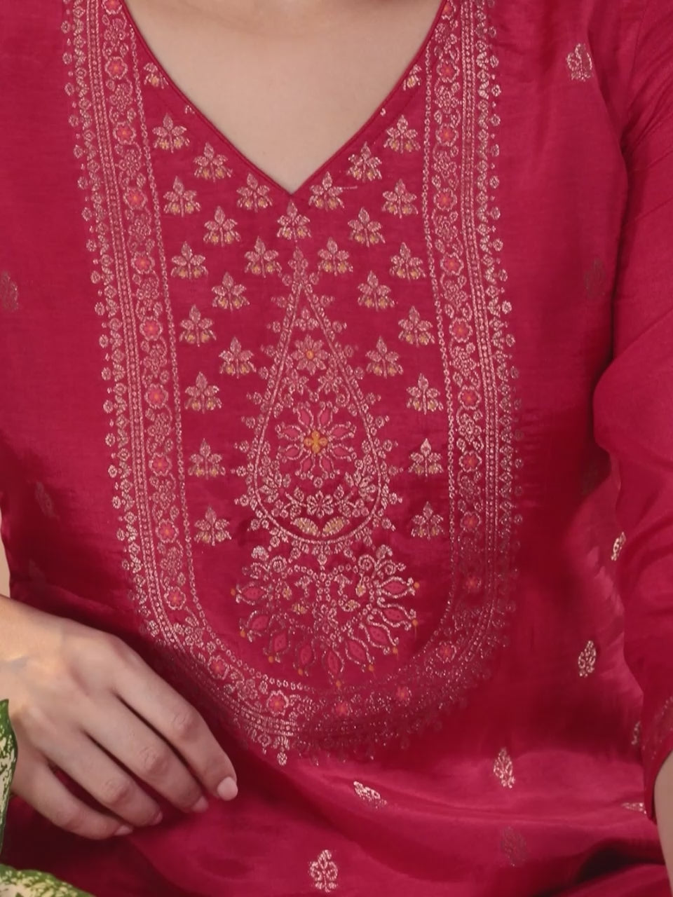  Coral Self Design Silk Blend Straight Kurta With Trousers & Dupatta 