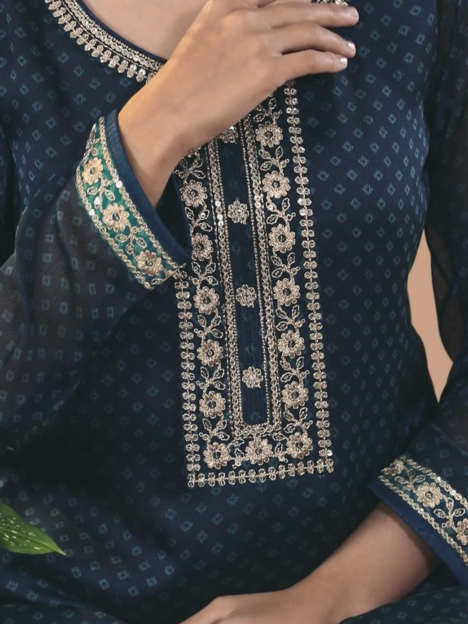 Blue Printed Chiffon Straight Kurta With Trousers & Dupatta