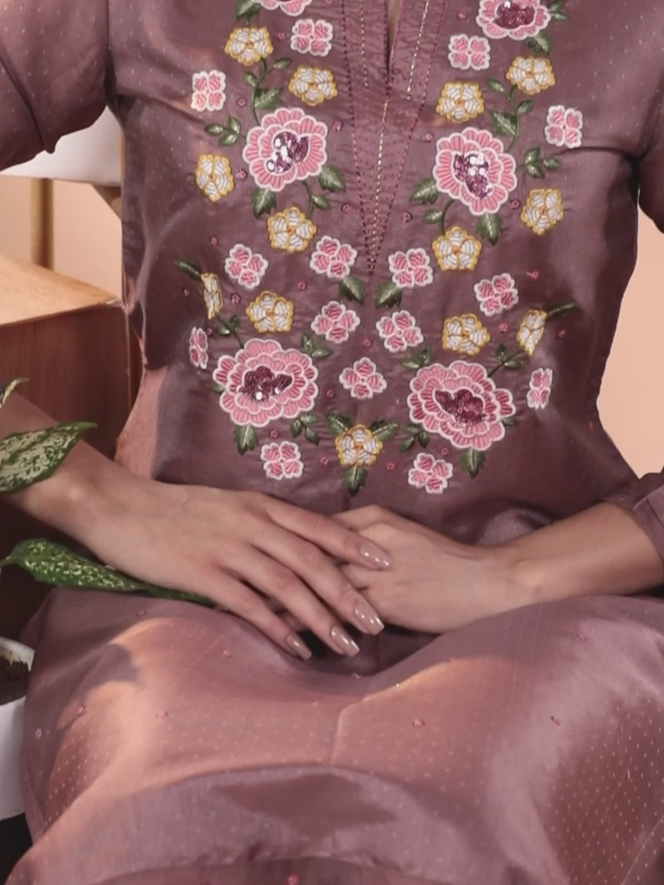  Mauve Yoke Design Silk Blend Straight Kurta With Trousers & Dupatta 