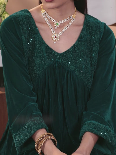 Green Embroidered Velvet A-Line Kurta With Trousers & Dupatta