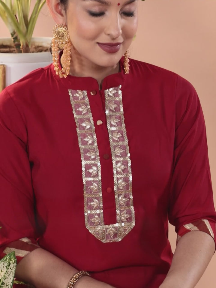 Red Embroidered Silk Blend Straight Kurta With Trousers & Dupatta