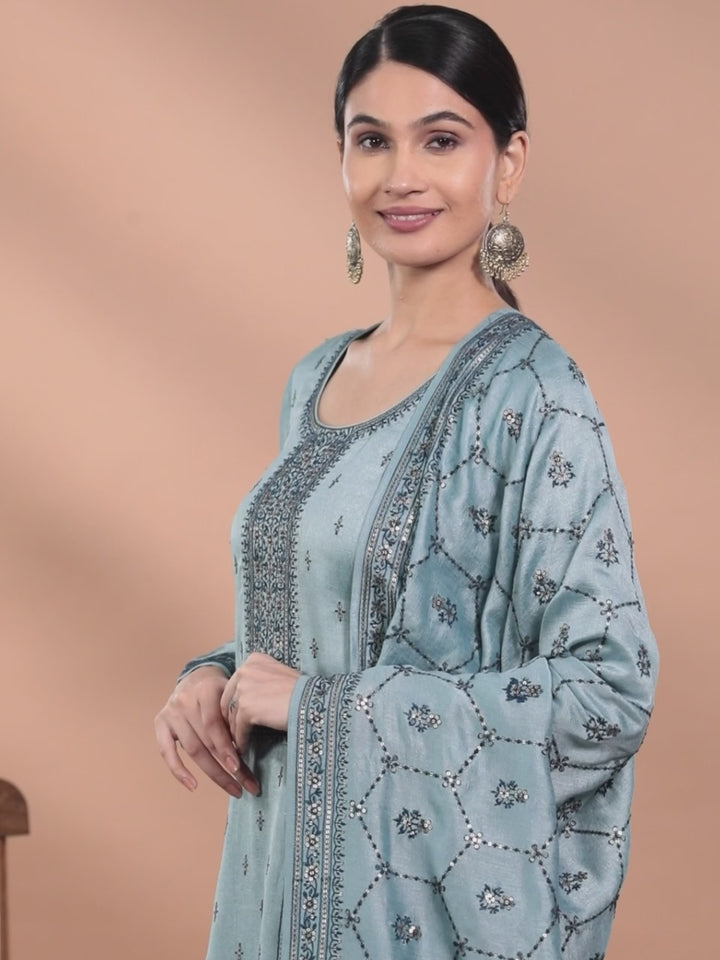 Blue Embroidered Silk Blend Straight Suit With Dupatta