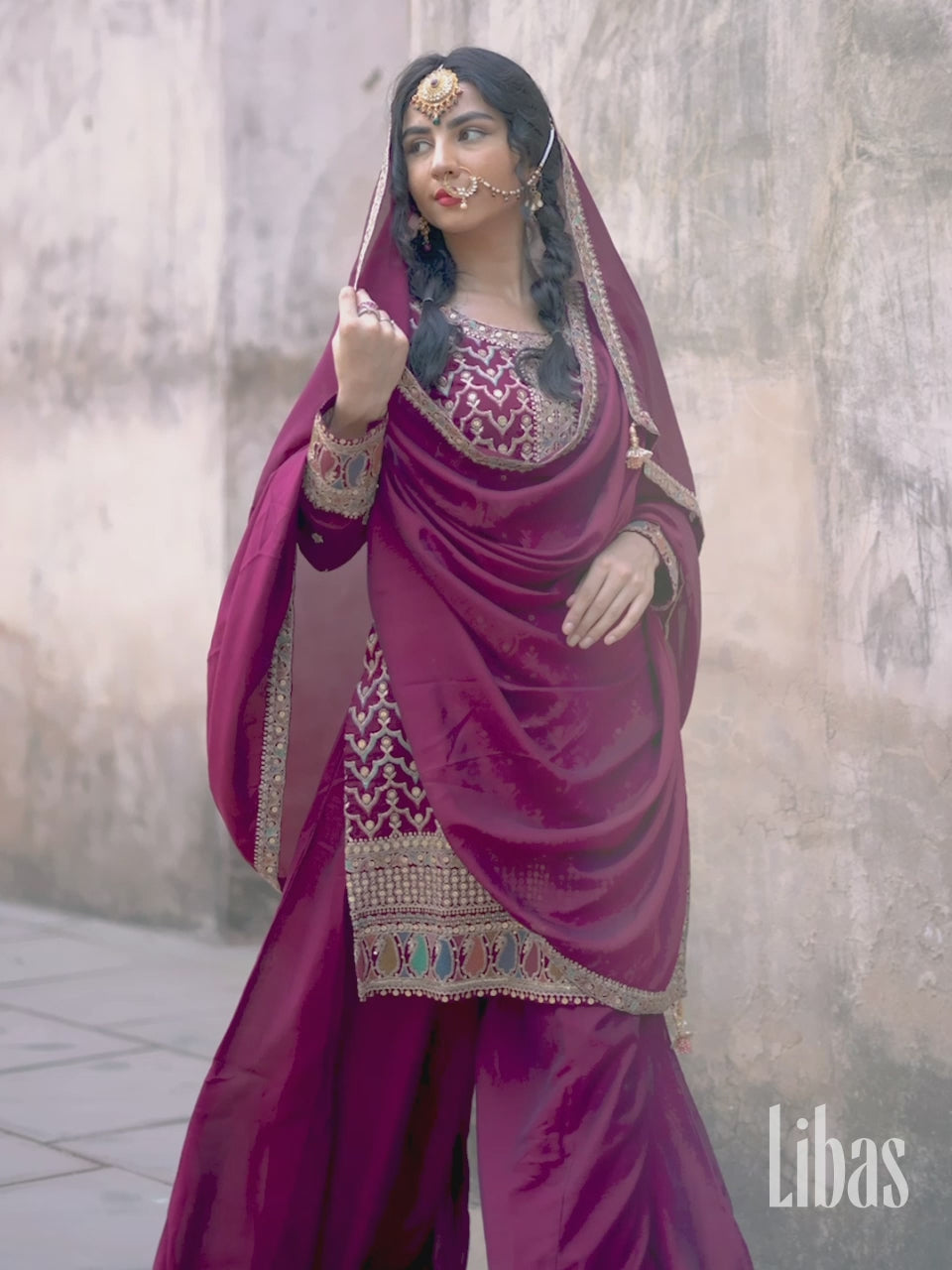  Libas Art Maroon Embroidered Silk Blend Pakistani Suit 