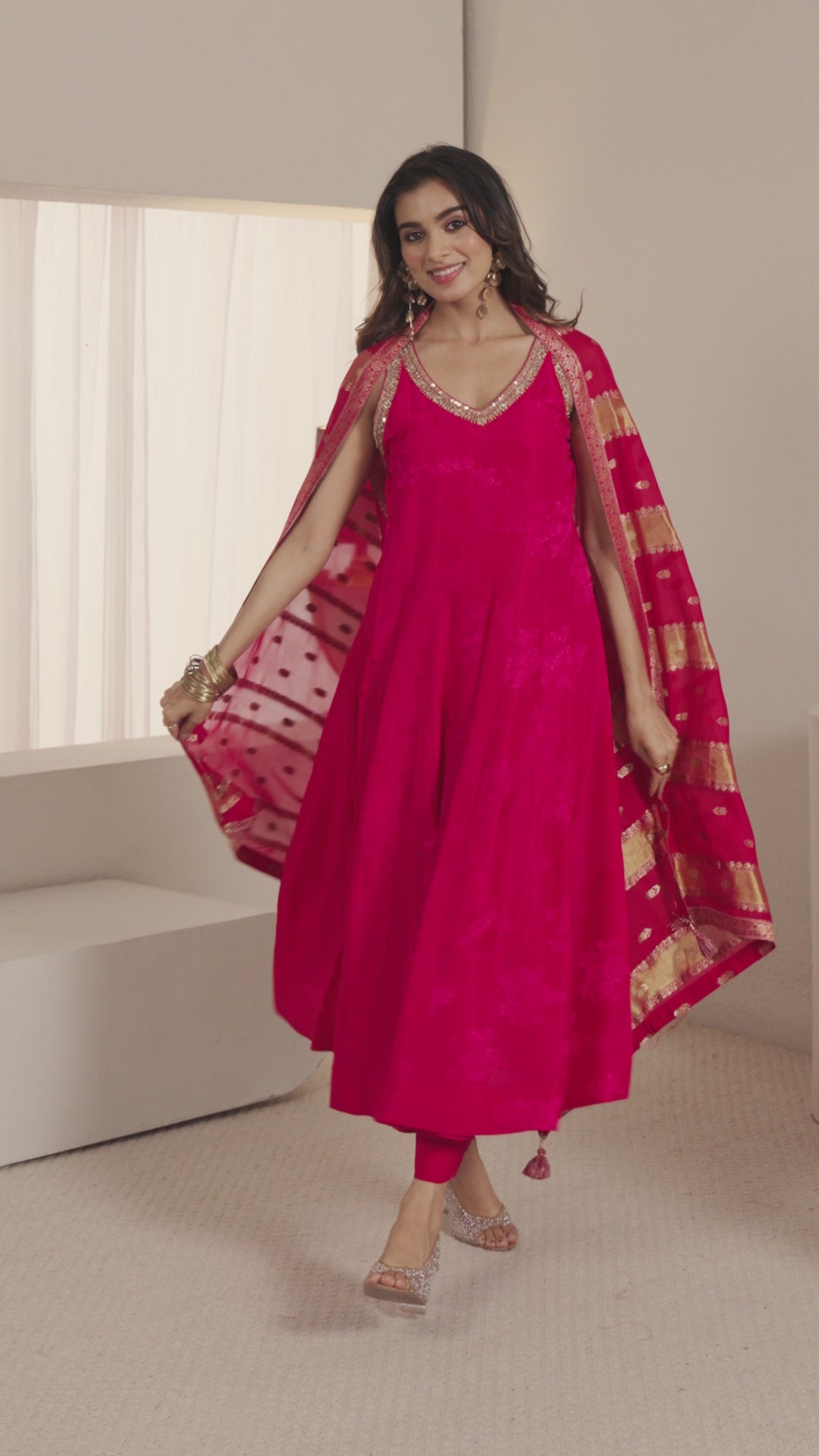  Libas Art Pink Woven Design Silk Blend A-Line Suit Set With Dupatta 