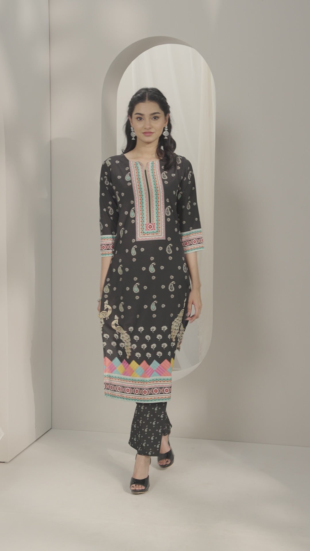  Black Printed Poly Crepe Straight Kurta Set 