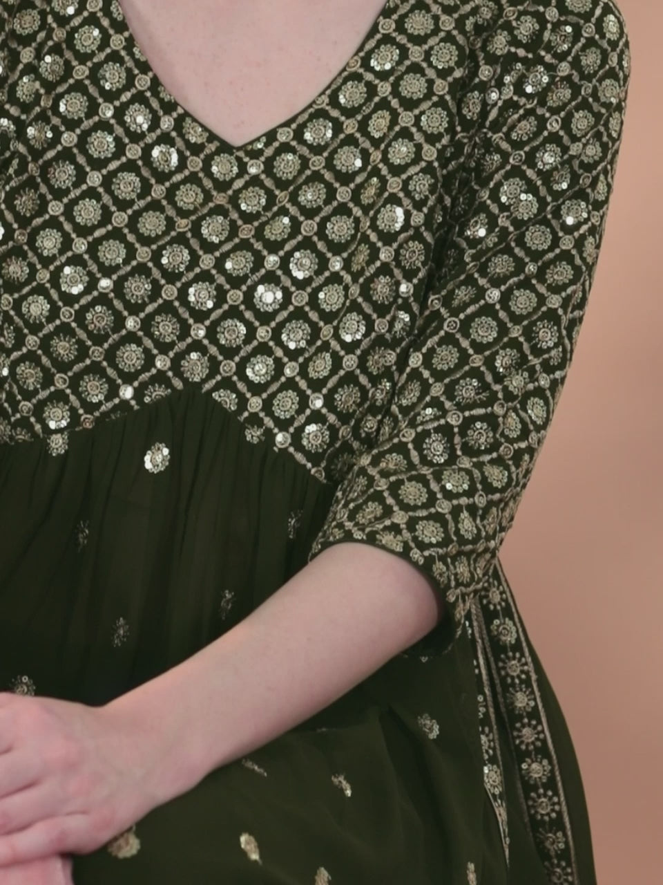  Green Embroidered Georgette A-Line Kurta With Palazzos & Dupatta 