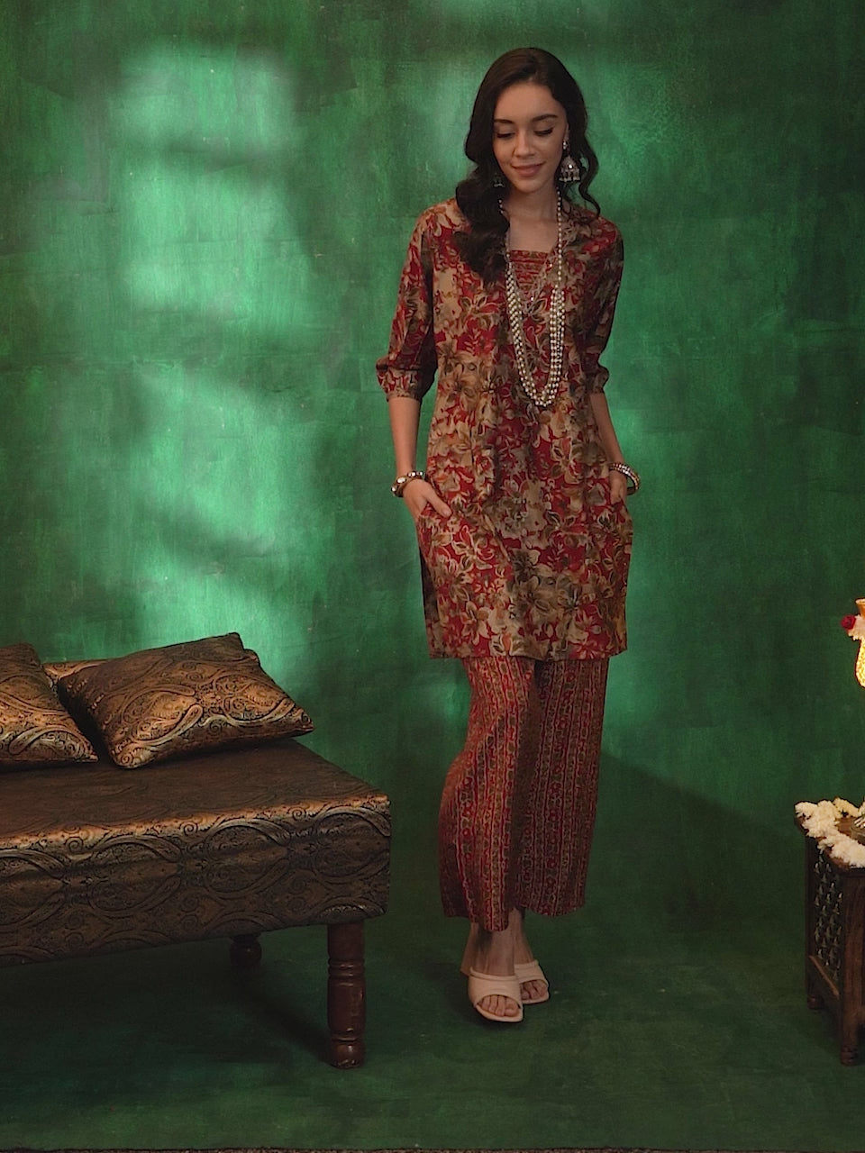  Maroon Printed Silk Blend Straight Kurta Set 