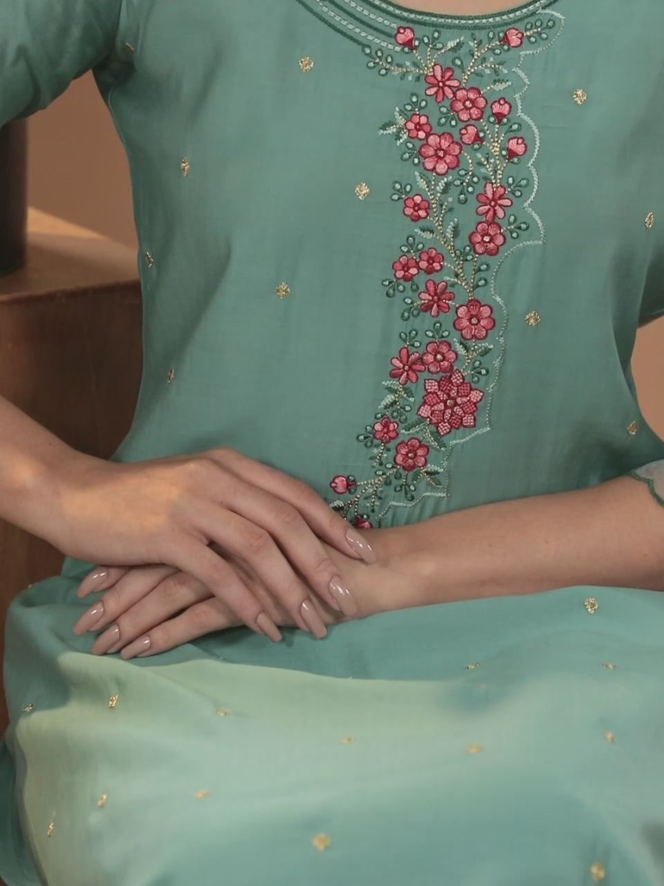  Turquoise Blue Printed Silk Blend Straight Kurta With Trousers & Dupatta 