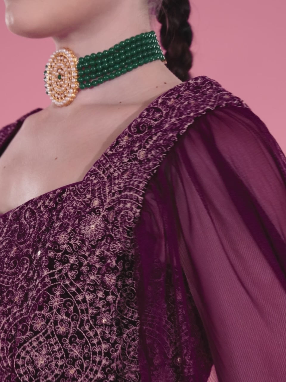  Wine Embroidered Velvet Lehenga Set 