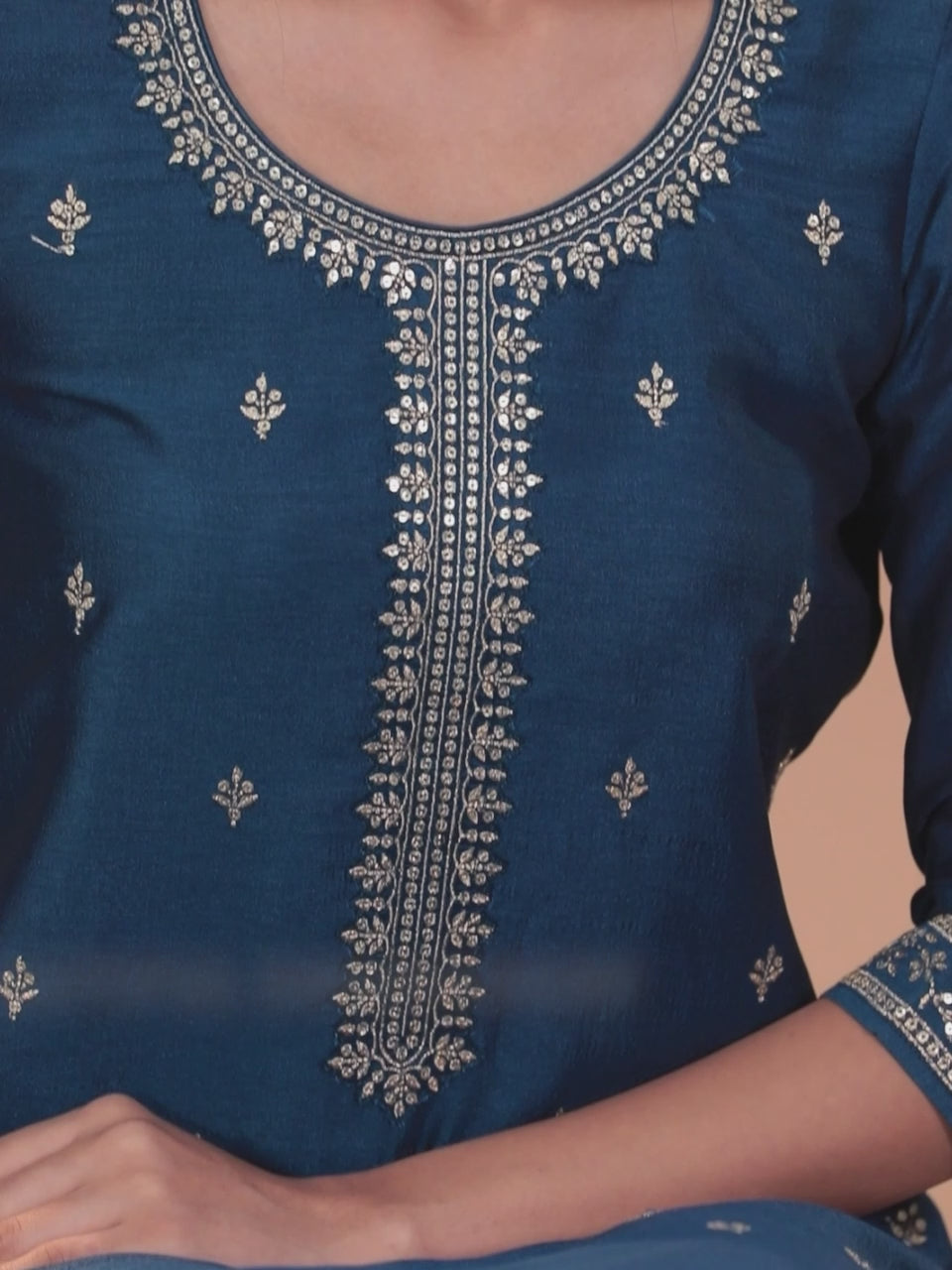  Teal Embroidered Silk Blend Straight Suit With Dupatta 