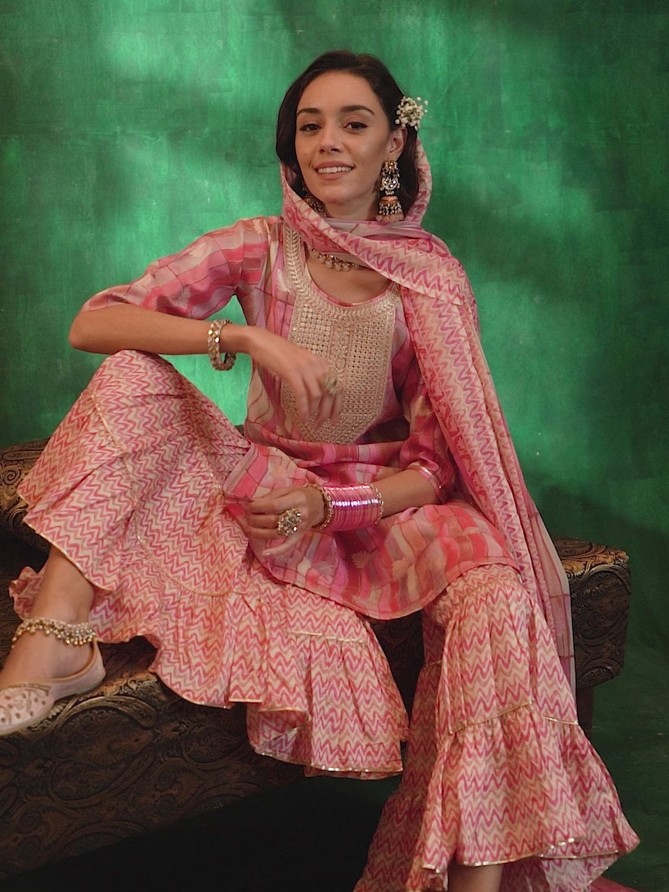  Pink Printed Silk Blend Straight Suit With Dupatta 
