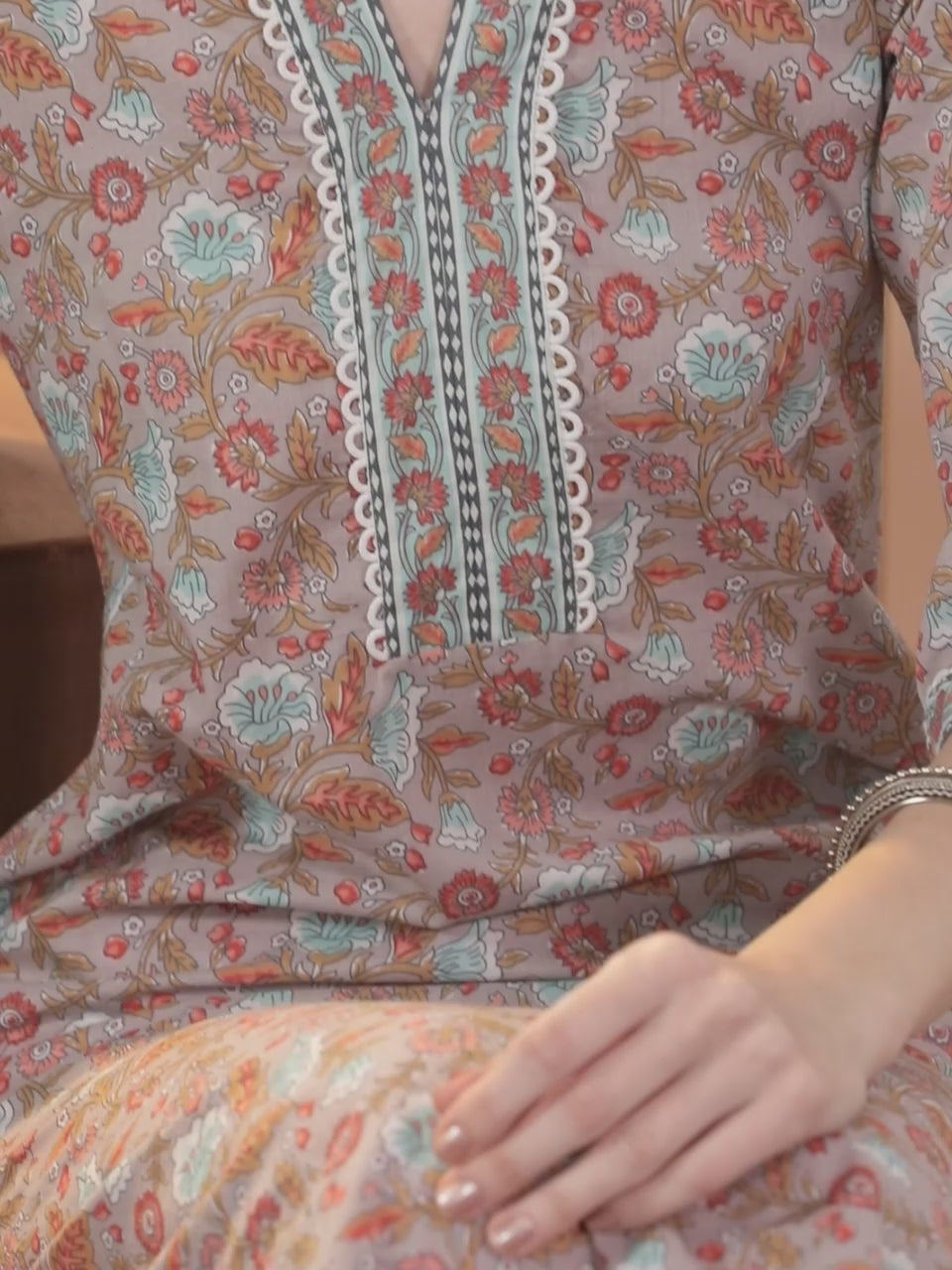  Grey Printed Cotton A-Line Kurta With Trousers & Dupatta 