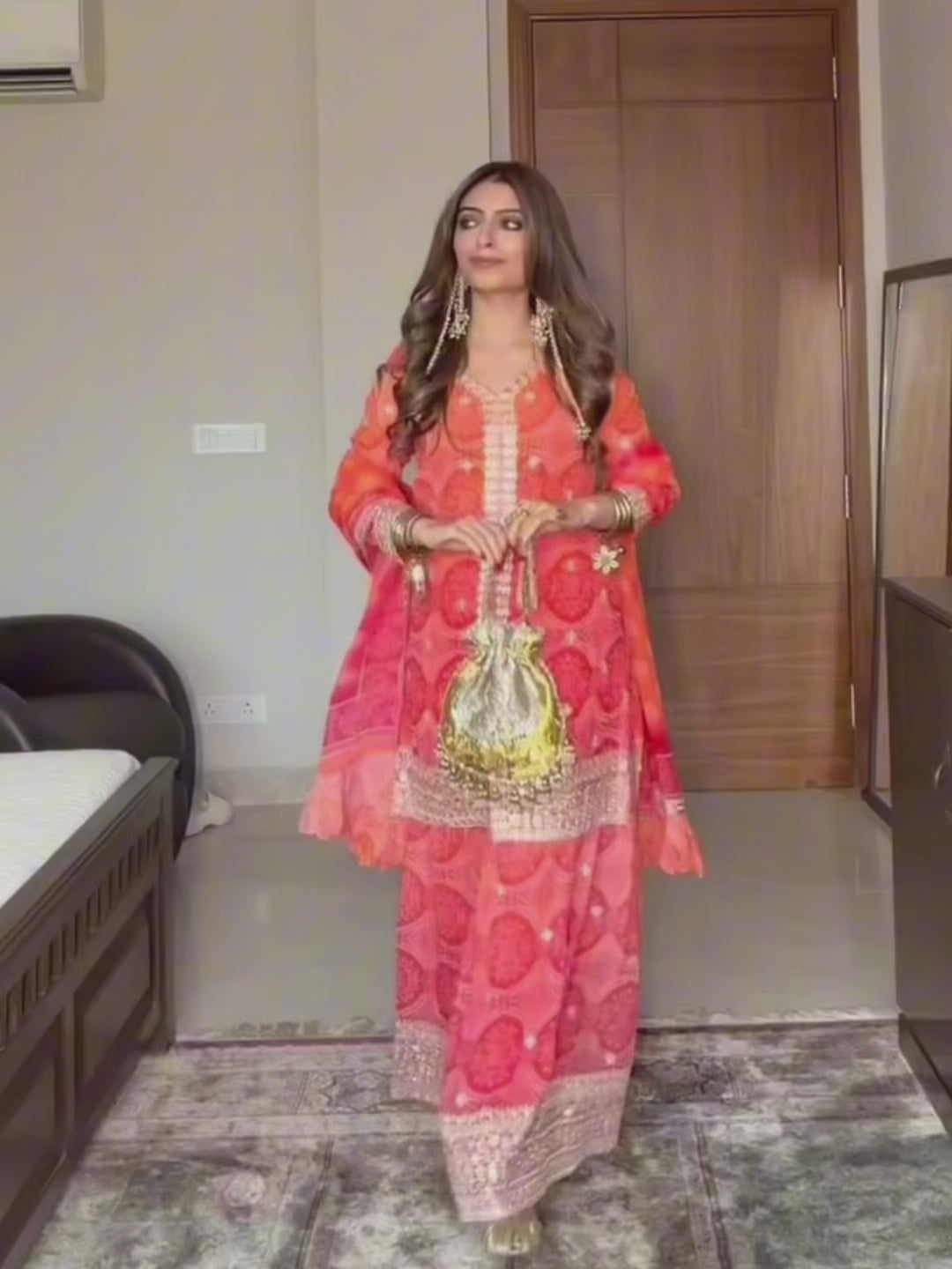  Libas Art Raasika Orange Printed Georgette Straight Suit Set With Dupatta 