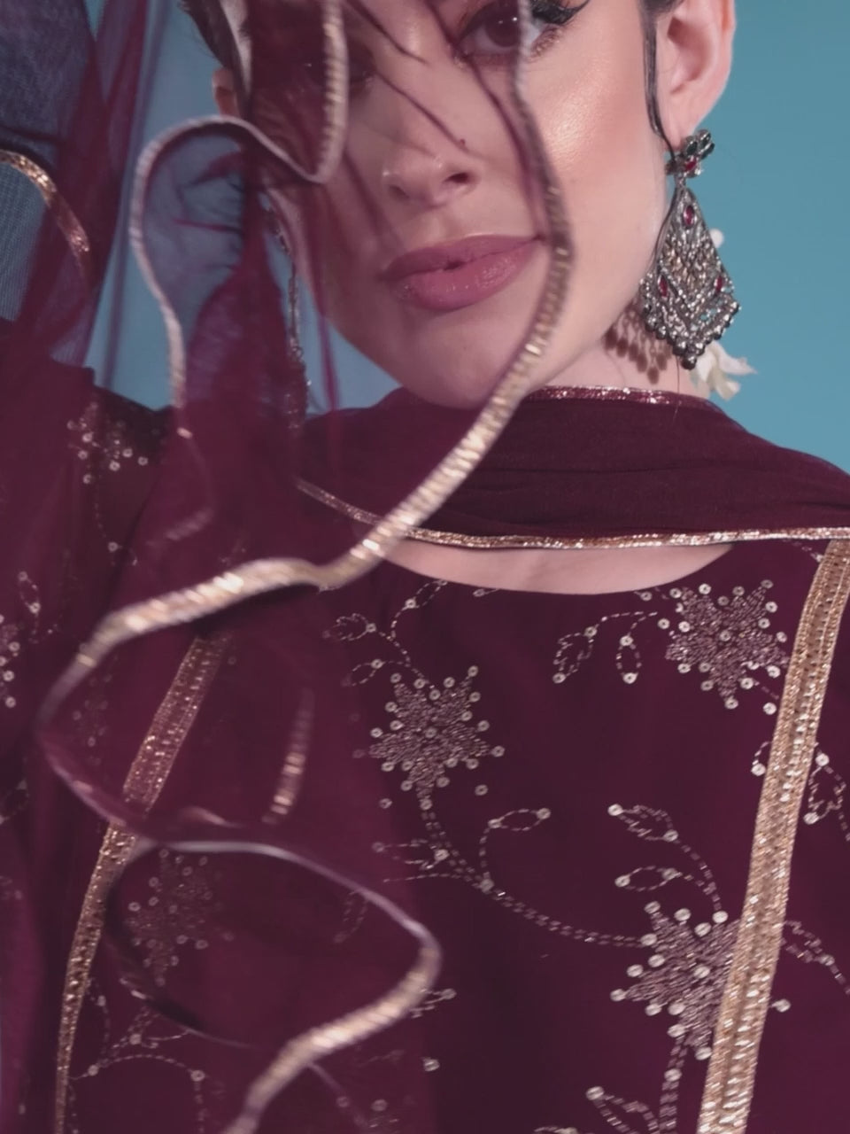  Wine Embroidered Georgette A-Line Sharara Suit Set With Dupatta 