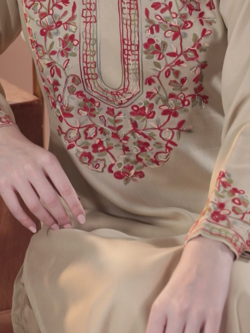 Beige Yoke Design Wool Blend Straight Kurta Set