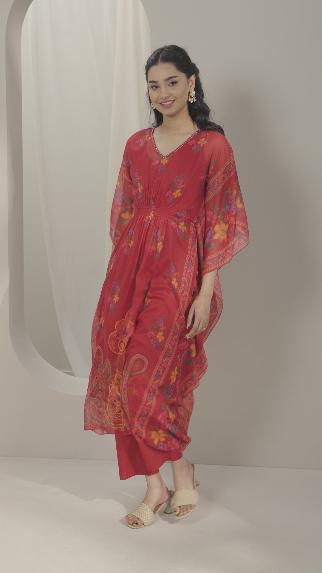  Maroon Printed Chiffon Kaftan Kurta Set 