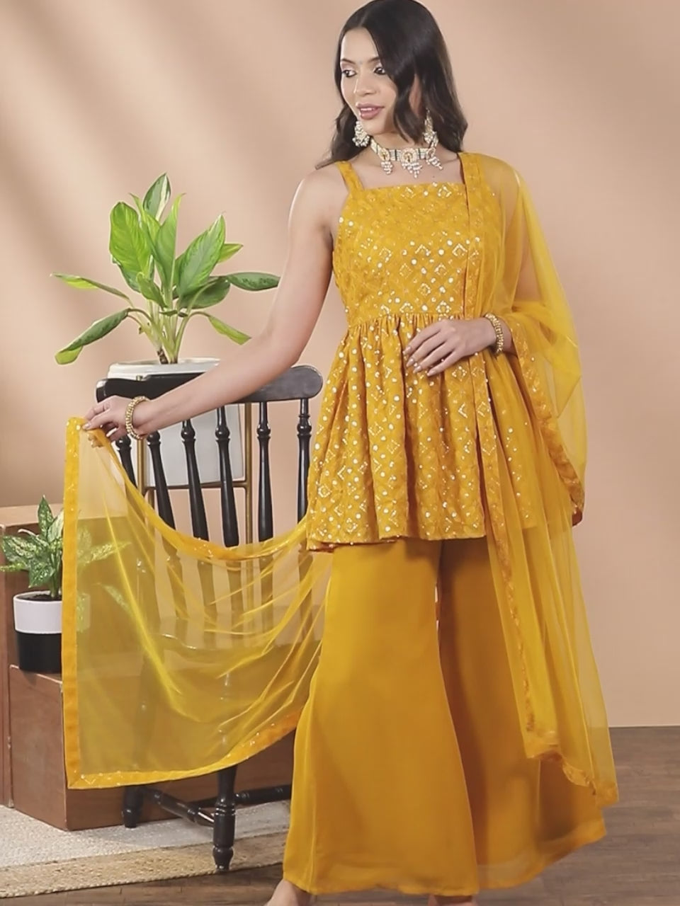 Mustard Embroidered Georgette A-Line Kurti With Palazzos & Dupatta
