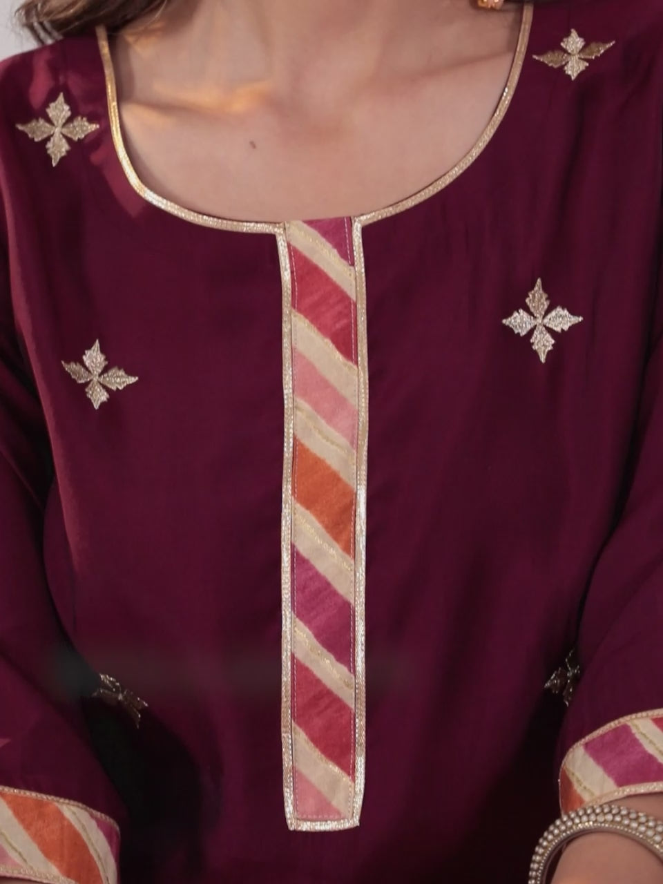  Maroon Embroidered Silk Blend Straight Kurta With Trousers & Dupatta 